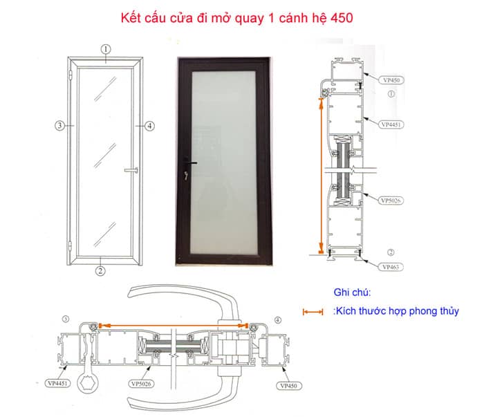 Kích thước khuôn cửa nhôm hệ 450 việt pháp