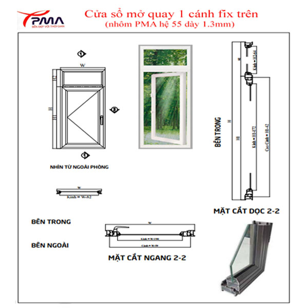 Mặt cắt bản vẽ cửa sổ mở quay 1 cánh nhôm PMA hệ 55