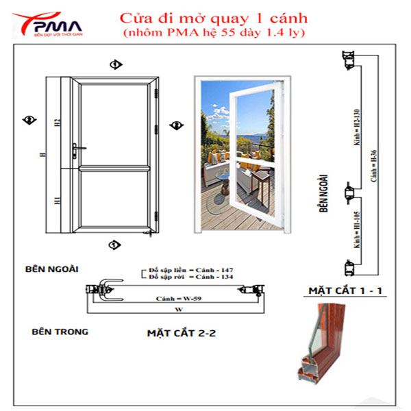 Bản vẽ cửa đi mở quay 1 cánh nhôm PMA hệ 55