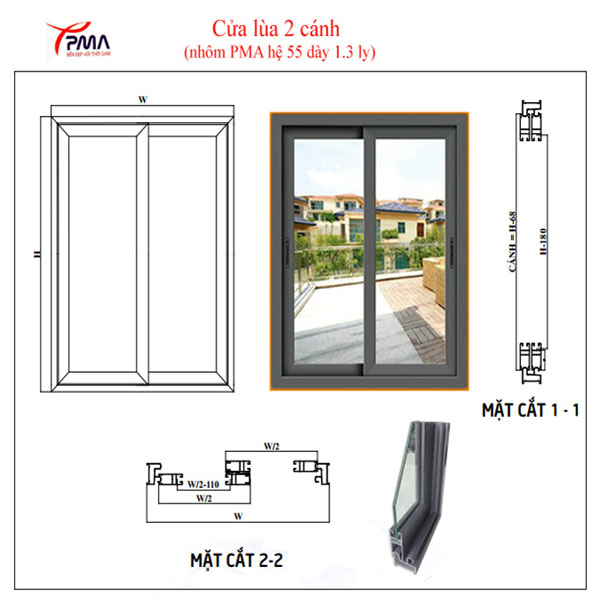 Bản vẽ mặt cắt nhôm PMA cửa lùa