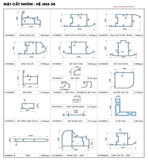 Mặt cắt nhôm JMA hệ 55