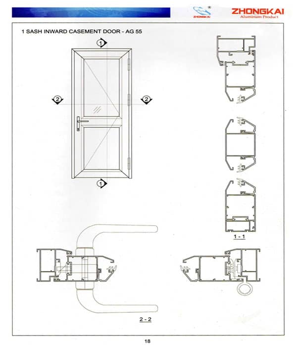 Bản vẽ cửa đi 1 cánh nhôm AG 55
