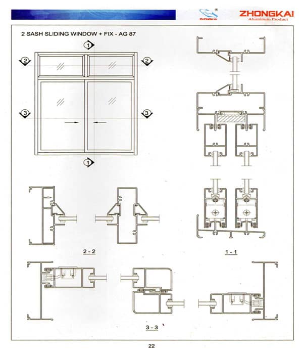 Bản vẽ cấu tạo cửa nhôm zhongkai hệ AG 87 mở trượt