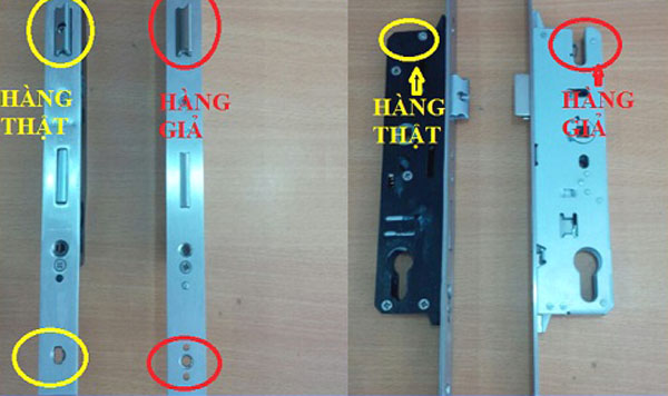 So sánh phụ kiện thân khóa KinLong hệ cửa đi thật và giả