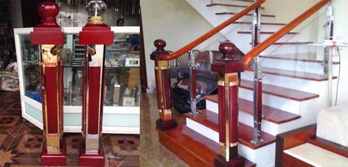 Mẫu trụ cái cầu thang kính ốp gỗ đẹp