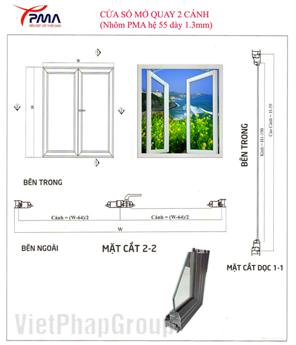 Bản vẽ cấu tạo cửa sổ mở quay 2 cánh nhôm PMA