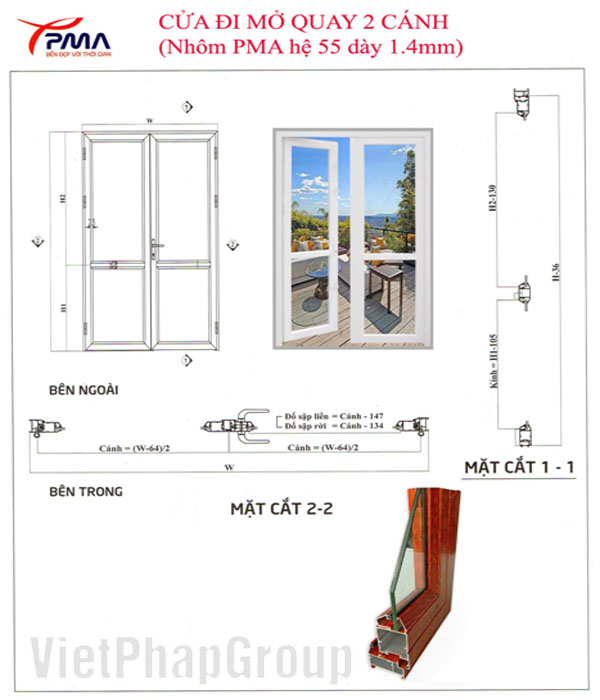 Bản vẽ cấu tạo và cách làm cửa đi mở quay 2 cánh có đố ngang