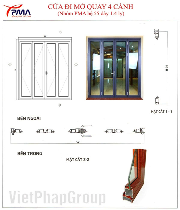 Bản vẽ cấu tạo cửa đi mở quay 4 cánh không có đố ngang