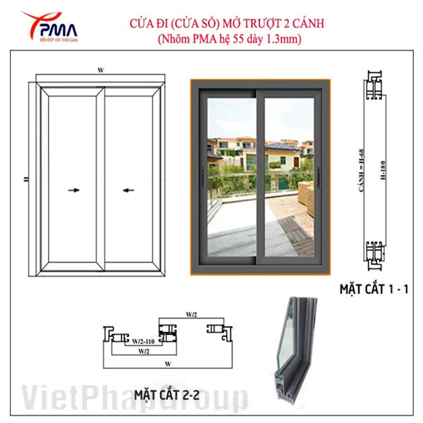 Bản vẽ cấu tạo và công thức cắt cửa lùa 2 cánh nhôm PMA