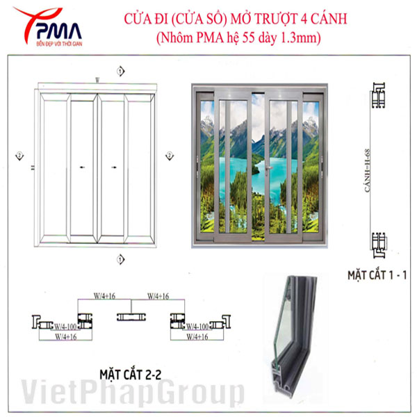 Bản vẽ cấu tạo và cách trừ khe hở cửa lùa 4 cánh nhôm PMA