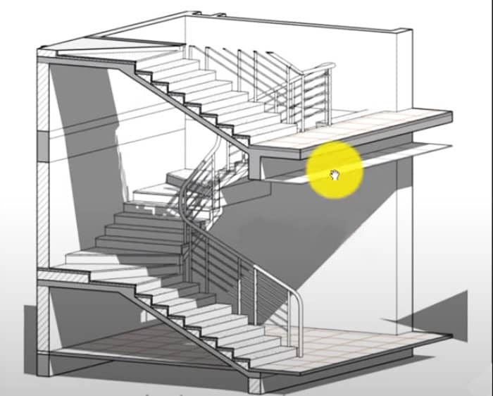 Bản vẽ 3D thiết kế cầu thang sắt cho nhà 4 tâng hiện đại
