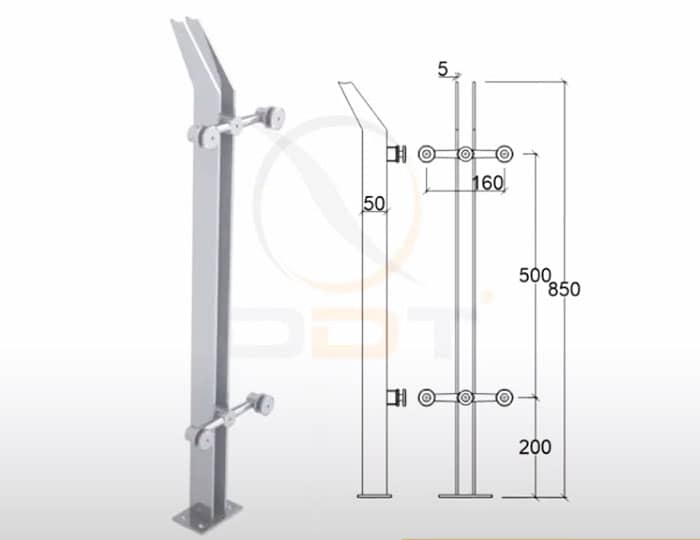 Mẫu phụ kiện chân inox của lan can kính cao 850mm