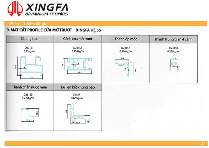 Mặt cắt nhôm xingfa hệ 55 cửa mở trượt