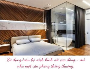 Mẫu phòng tắm kính trong phòng ngủ vách vuông có rèm kéo sang trọng