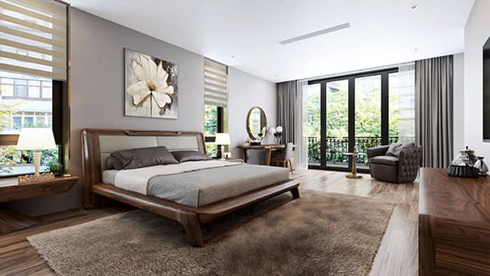 Phòng ngủ rộng thì nên bố trí nhiều đồ nội thất hơn để không tạo cảm giác trống trải