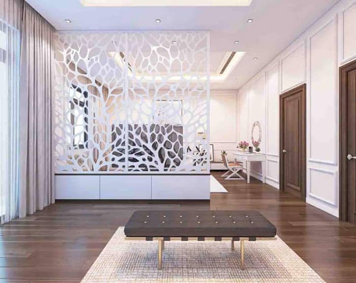 Vách ngăn cnc phòng khách bằng sắt sơn màu trắng đẹp