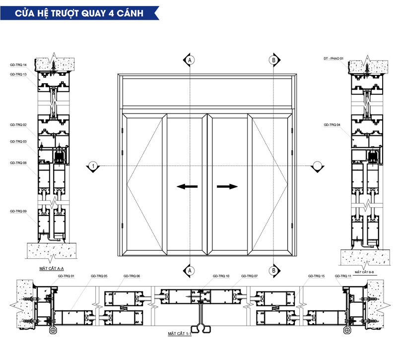 Bản vẽ mặt cắt profile cửa trượt quay 4 cánh