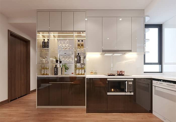 Thiết kế mẫu tủ bếp kết hợp tủ rượu hiện đại