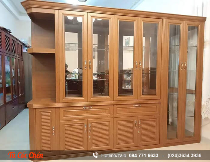 Mẫu tủ cốc chén phòng khách nhôm màu vân gỗ sang trọng