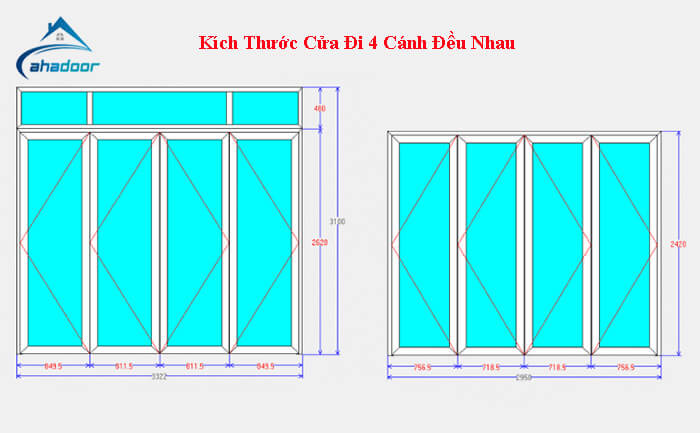 Bản vẽ tiêu chuẩn kích thước cửa 4 cánh có và không có fix trên