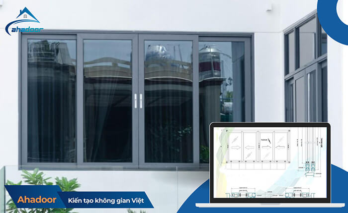 Lắp đặt mẫu cửa sổ lùa xingfa hệ 55 cho cửa 4 cánh màu ghi sáng
